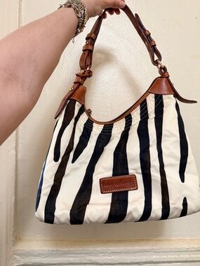 Dooney & Bourke Black & White Zebra Stripe Shoulder Bag with Brown Trim